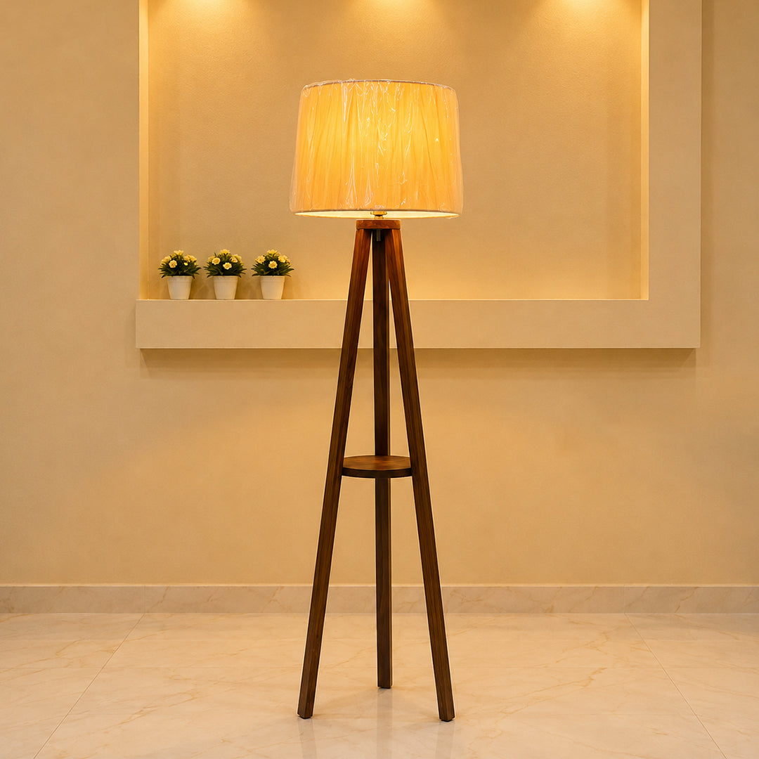 Wooden Tripod Floor Lamp with Shelf /  this product is currently available for delivery in Karachi only.
