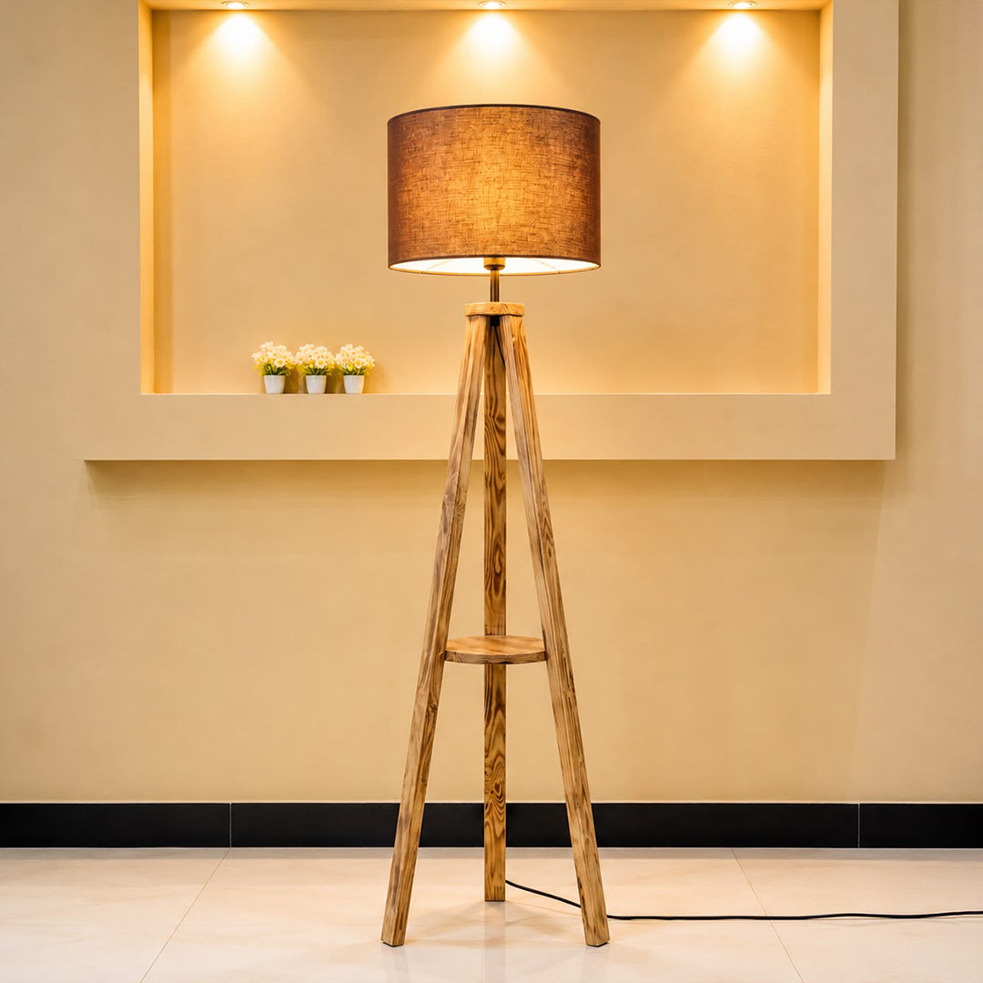 Rustic Wooden Tripod Standing Floor Lamp