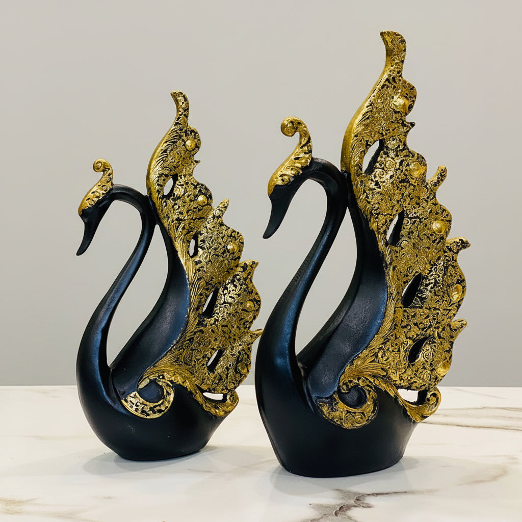 Royal Obsidian &amp; Gold Swan Pair