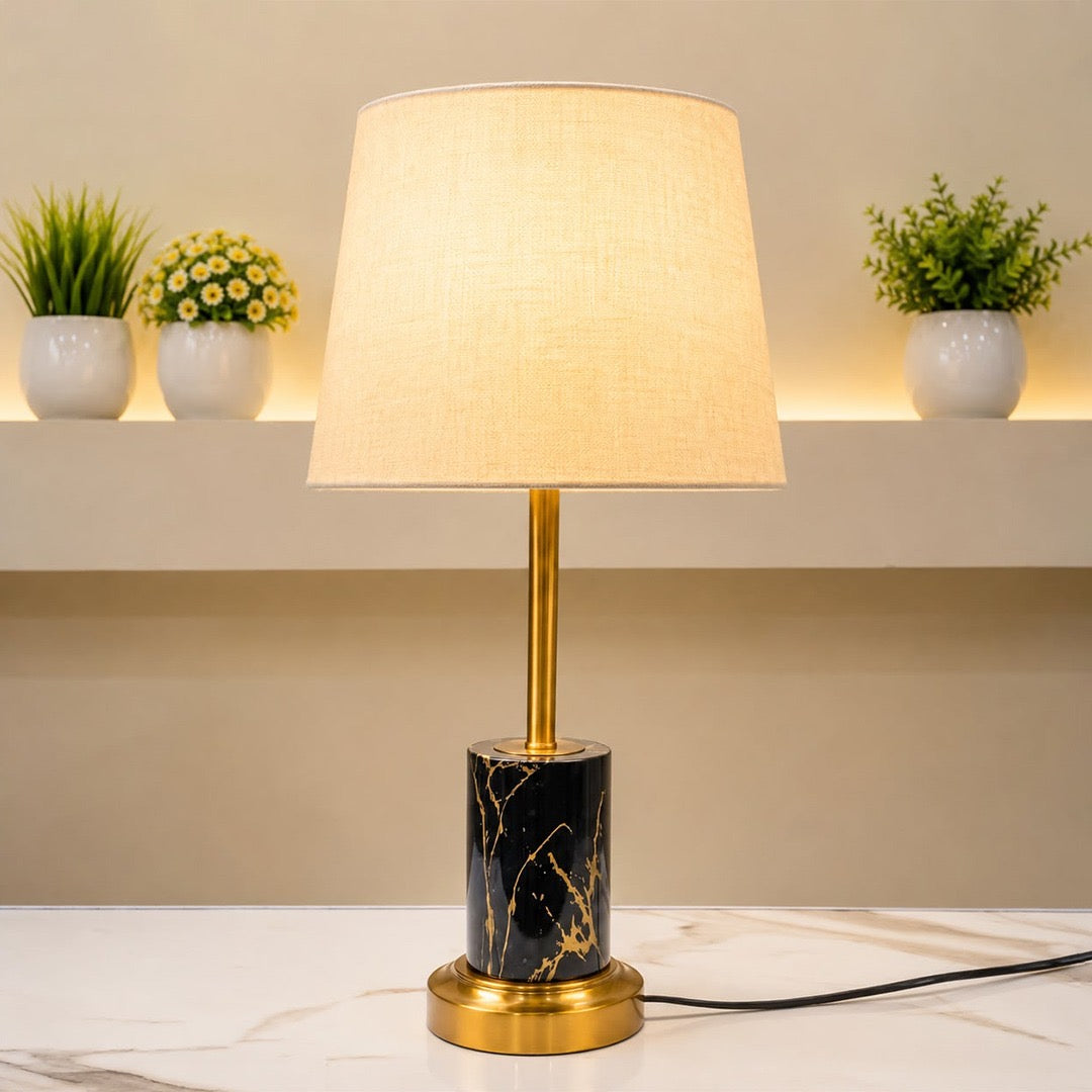 Modern Gilded Column &amp; Gold-Veined Metal Accent Table Lamp