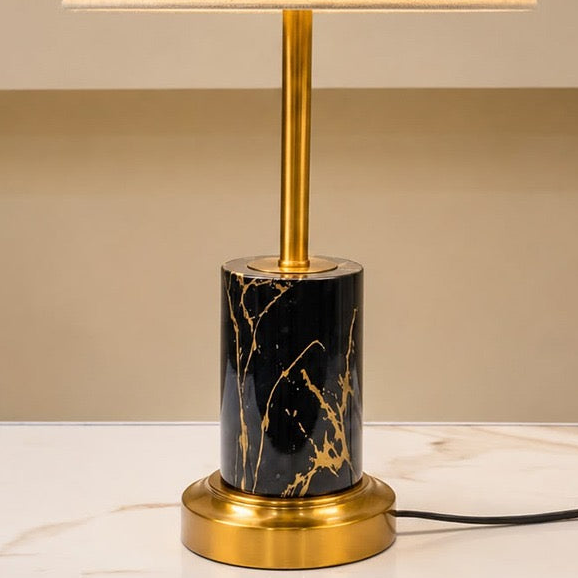 Modern Gilded Column &amp; Gold-Veined Metal Accent Table Lamp