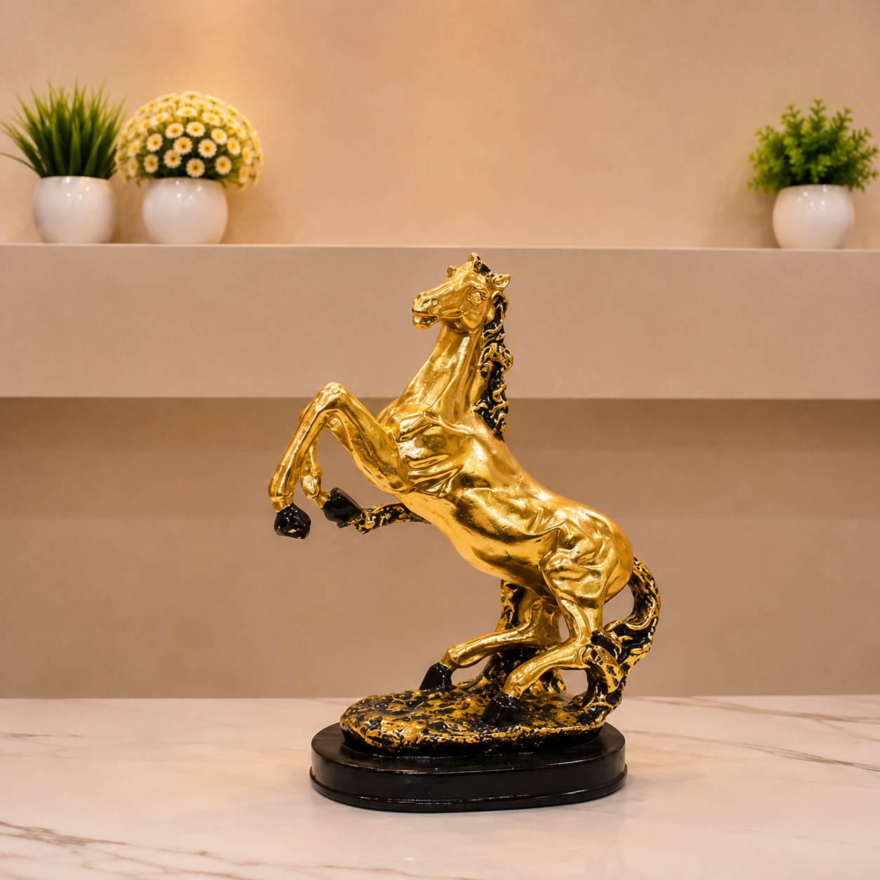 Golden Rearing Horse Fiber Showpiece