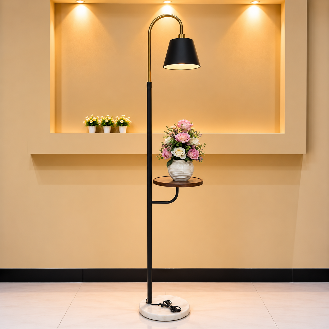 Modern Black &amp; Gold Floor Lamp with Side Display Table