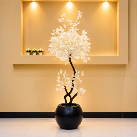 Artificial White Leaf Decorative Tree with Matte Black Planter
