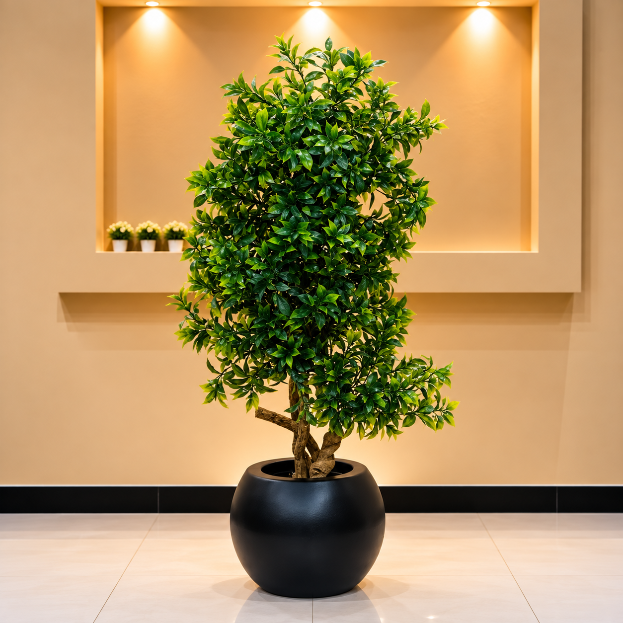 Artificial Bonsai-Style Green Tree with Matte Black Planter