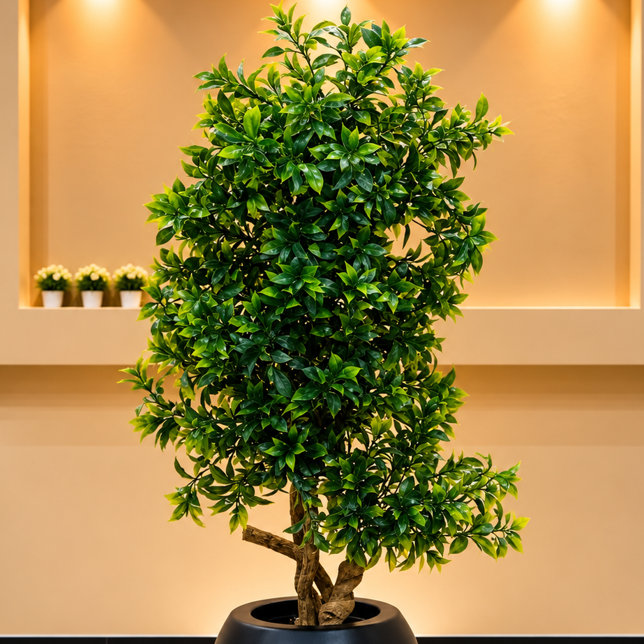 Artificial Bonsai-Style Green Tree with Matte Black Planter