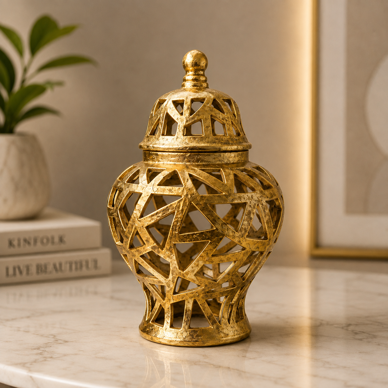 Antique fiber Gold Geometric Cutout Ginger Jar