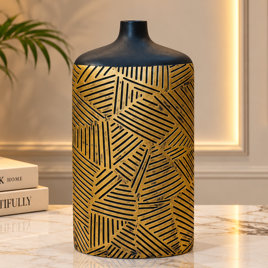 Modern Black &amp; Antique Gold Geometric Decorative Vase
