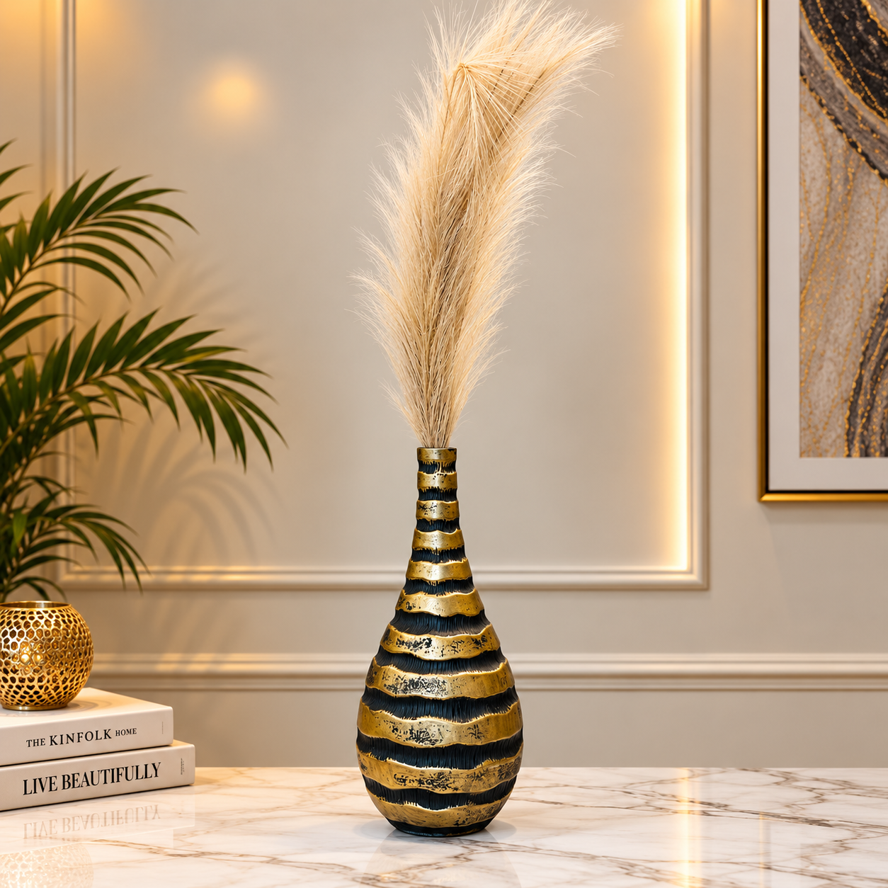 Elegant Black &amp; Antique Gold Striped Decorative Vase [fiber]