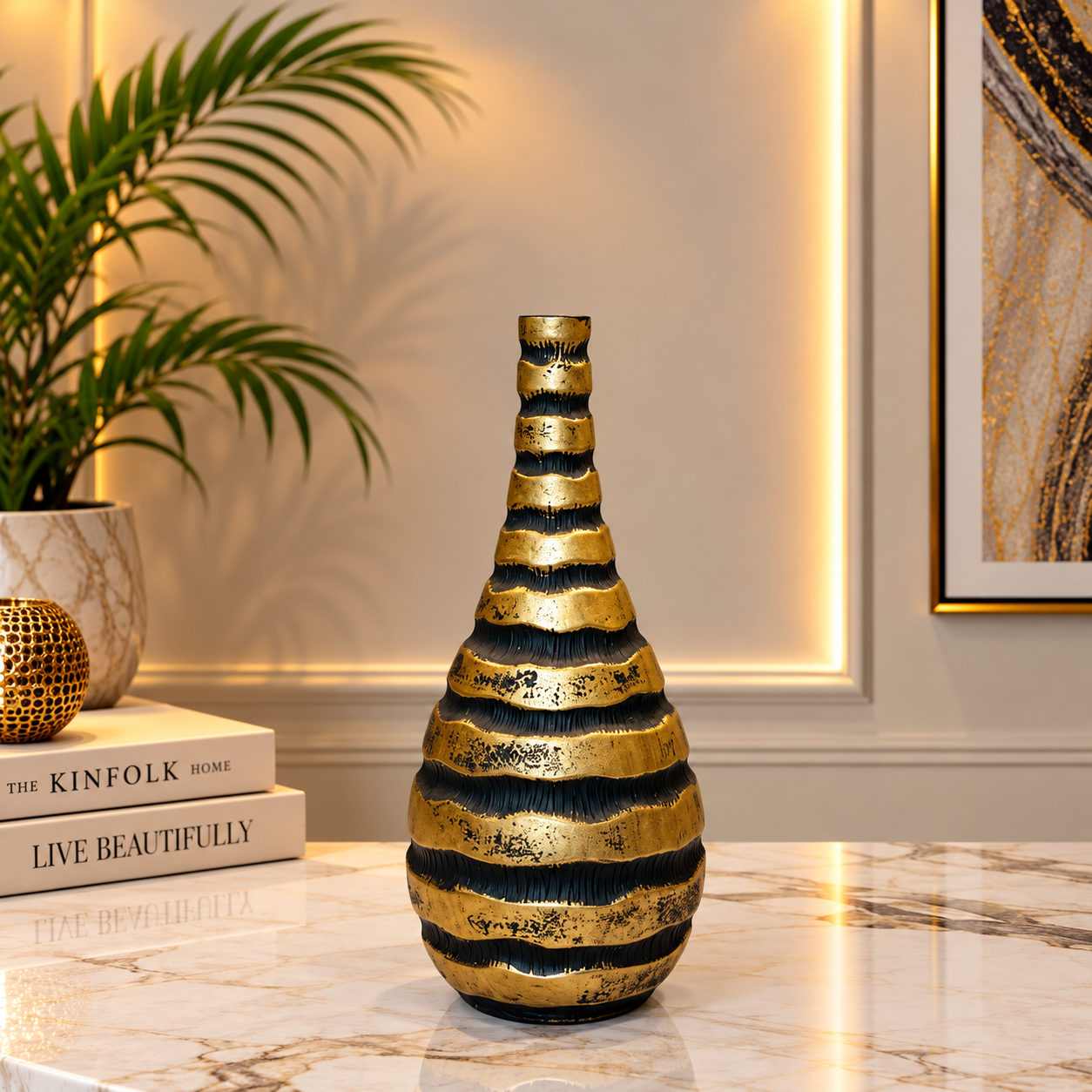 Elegant Black &amp; Antique Gold Striped Decorative Vase [fiber]