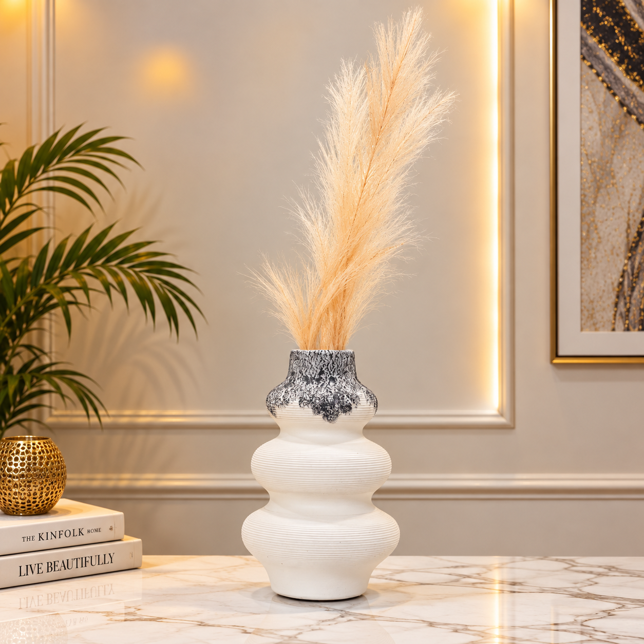 Elegant White Ribbed Decorative Vase with Black Textured Detail [fiber]