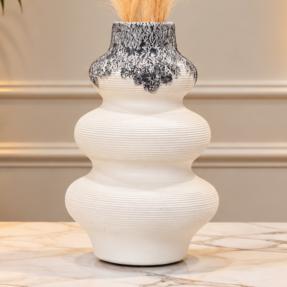 Elegant White Ribbed Decorative Vase with Black Textured Detail [fiber]