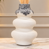 Elegant White Ribbed Decorative Vase with Black Textured Detail [fiber]