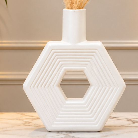 Modern White Geometric Hexagon Decorative Vase [fiber]