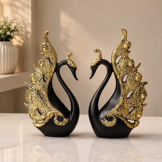 Royal Obsidian &amp; Gold Swan Pair