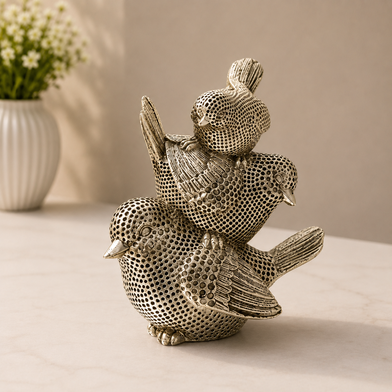 Textured Golden Birds Trio Sculpture