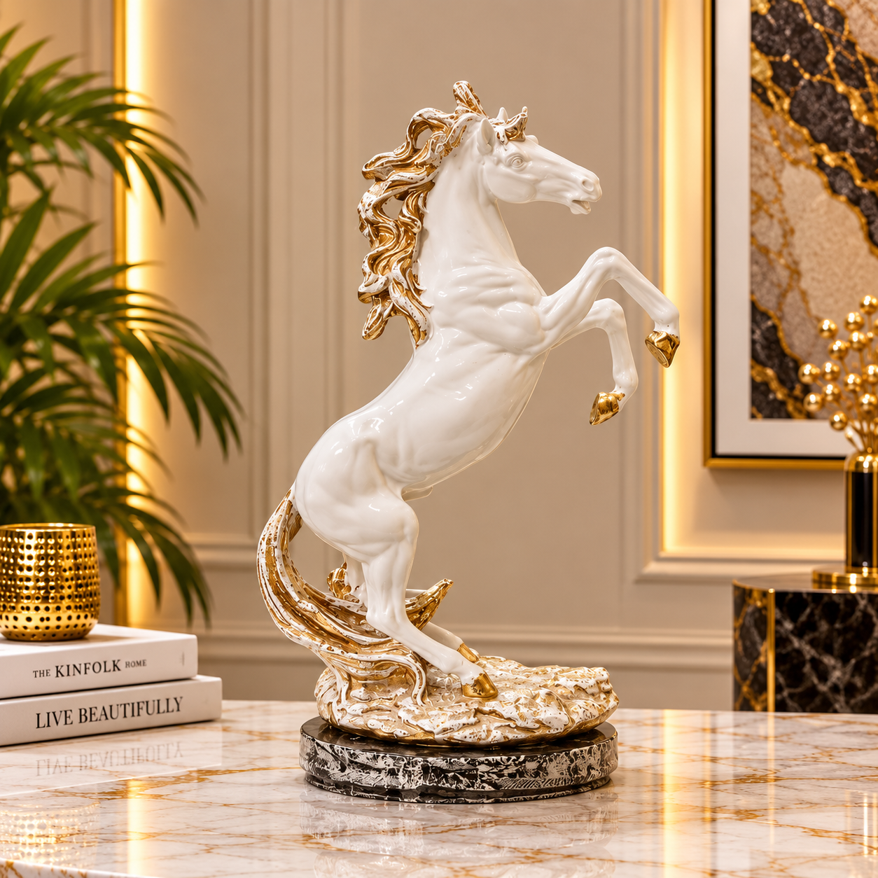 Elegant White &amp; Gold Rearing Horse Figurine [fiber]