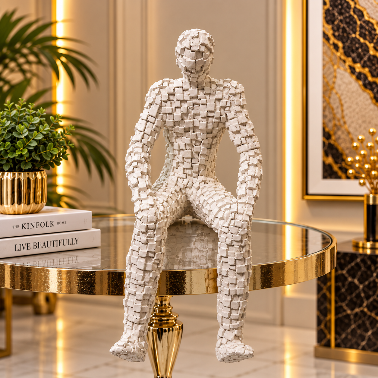 Luxury White Mosaic Human Sculpture – Modern Decorative Showpiece