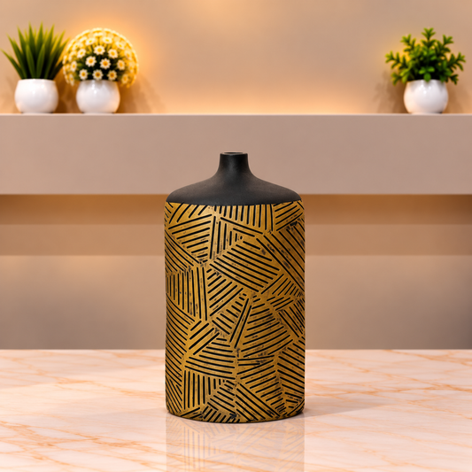 Modern Black &amp; Antique Gold Geometric Decorative Vase