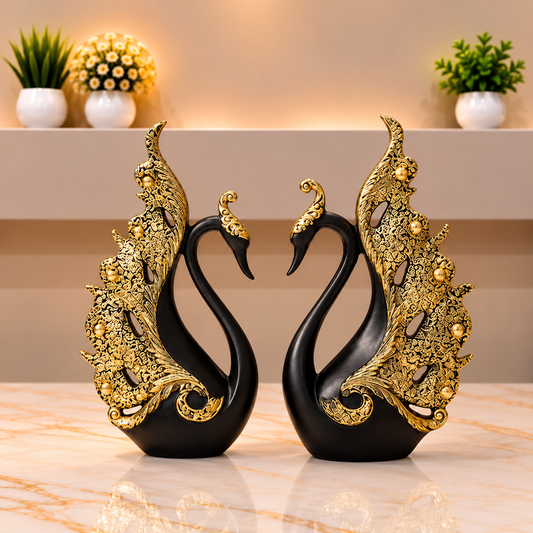 Royal Obsidian &amp; Gold Swan Pair