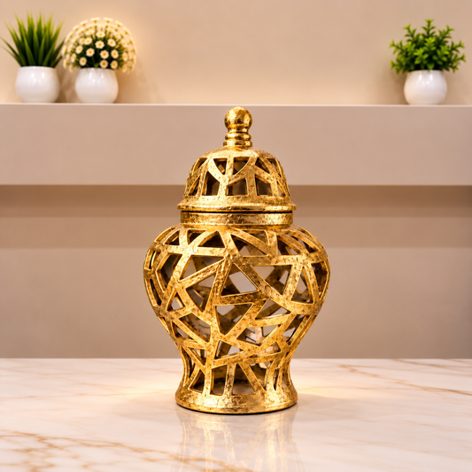 Antique fiber Gold Geometric Cutout Ginger Jar