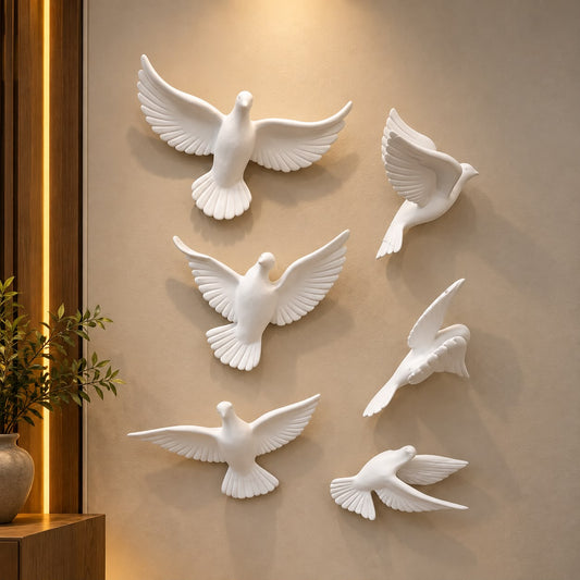 Luxury White Flying Birds Wall Décor – Set of 6 [fiber]