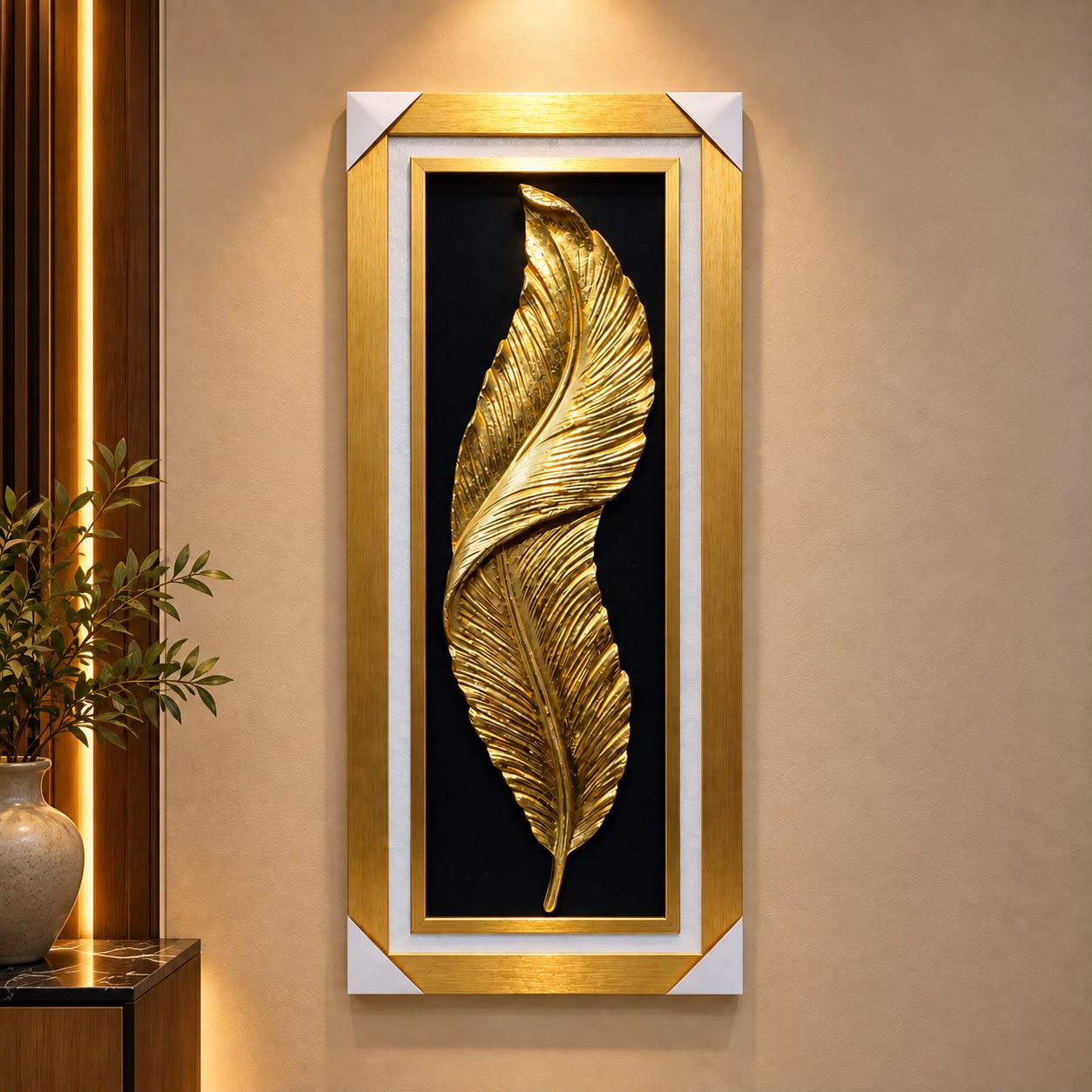 Luxury Golden Feather Wall Art – Elegant Decorative Wall Panel