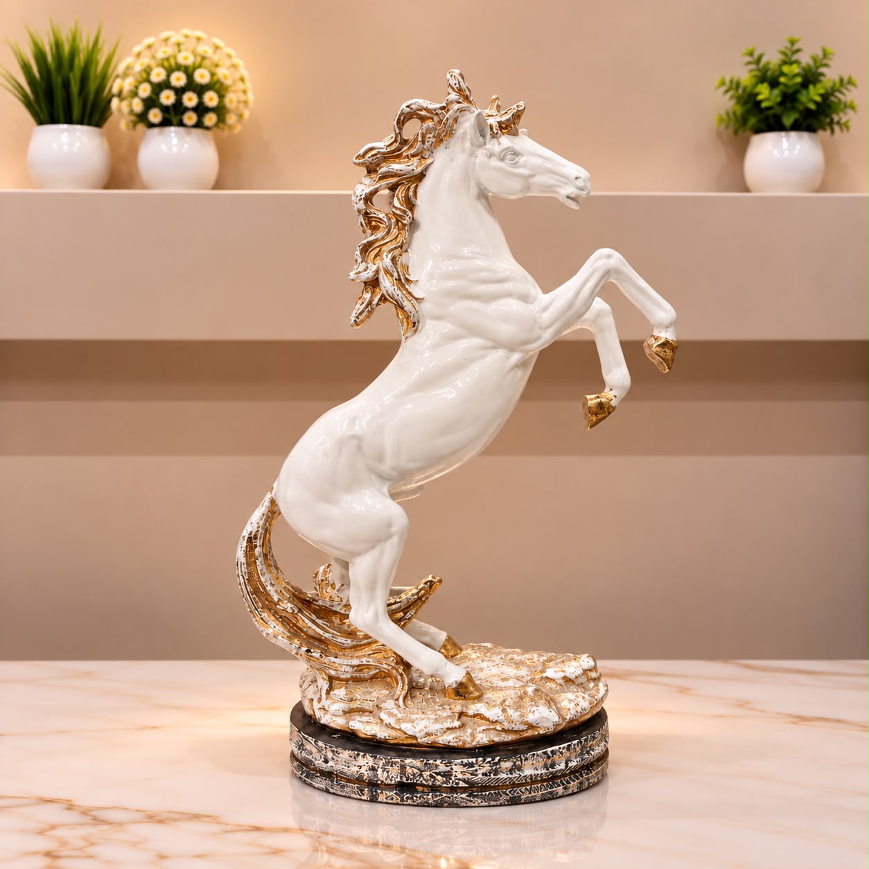 Elegant White &amp; Gold Rearing Horse Figurine [fiber]
