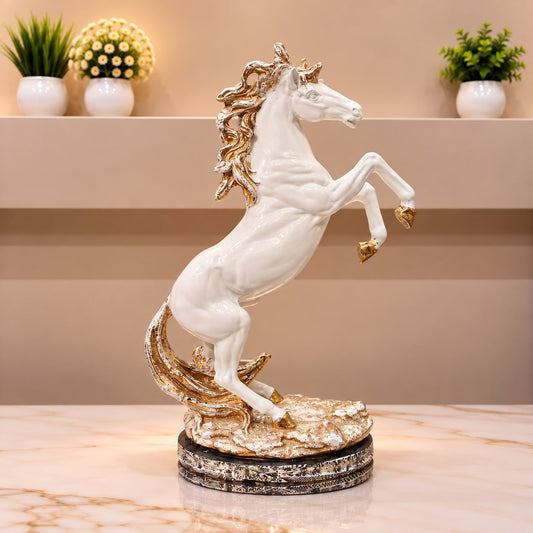 Elegant White &amp; Gold Rearing Horse Figurine [fiber]