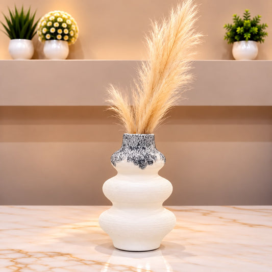 Elegant White Ribbed Decorative Vase with Black Textured Detail [fiber]