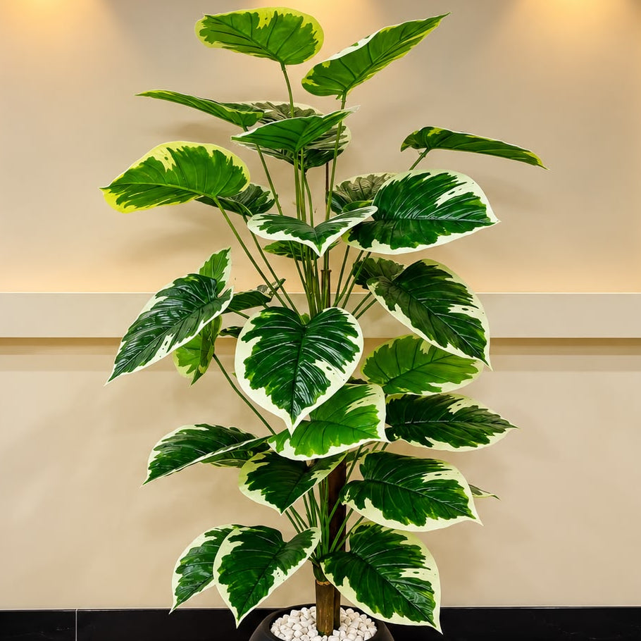 Artificial Variegated Green Floor Plant – Premium Black Planter