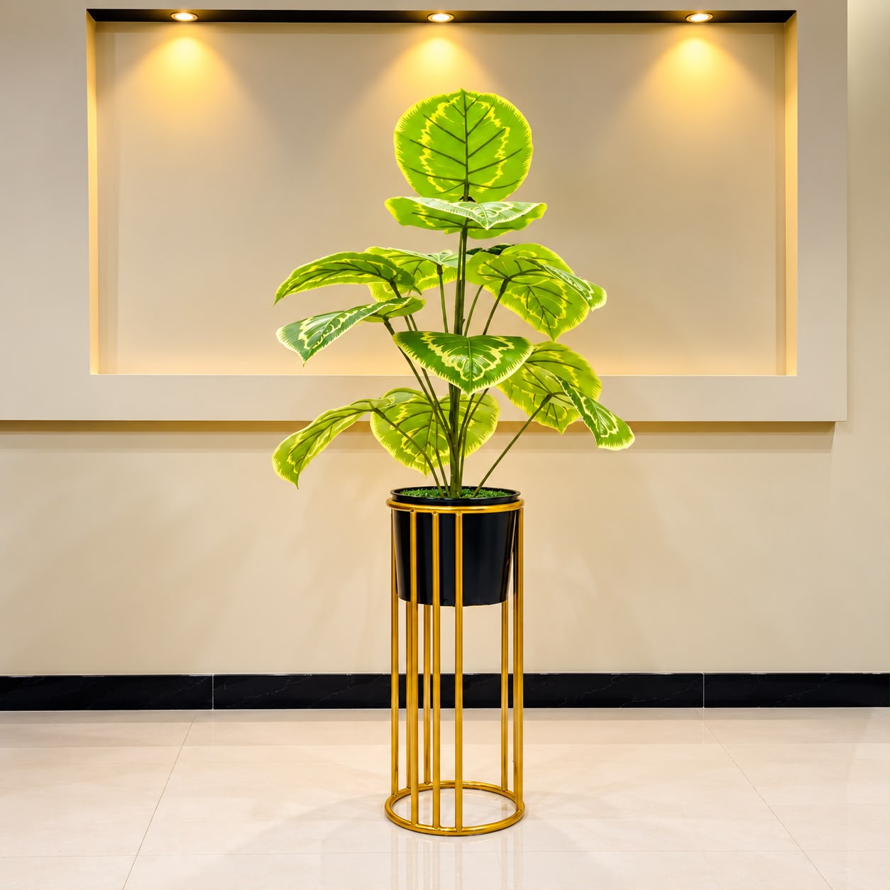 Artificial Calathea-Style Floor Plant with Black &amp; Gold Planter