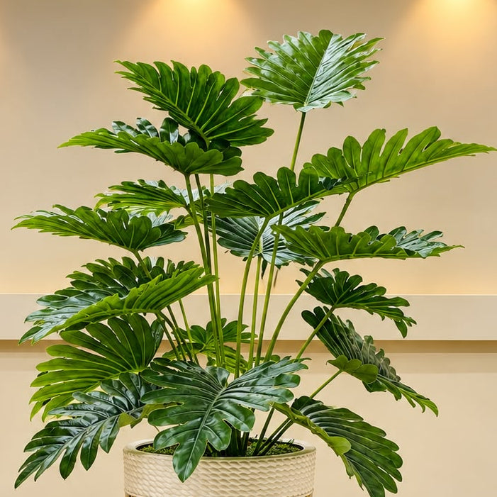 Artificial Philodendron Selloum Floor Plant with White &amp; Gold Planter