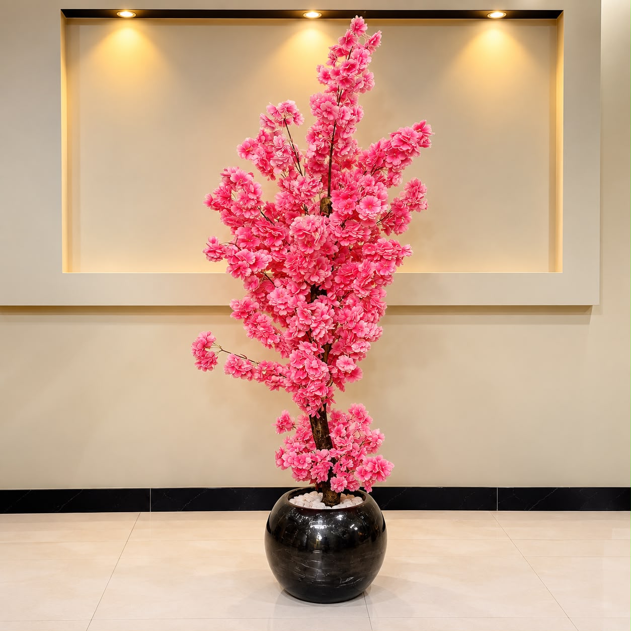 Artificial Pink Blossom Flowering Tree with Glossy Black Planter
