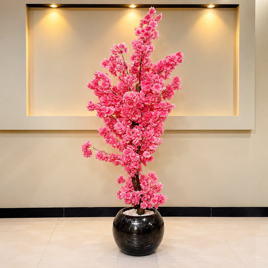 Artificial Pink Blossom Flowering Tree with Glossy Black Planter