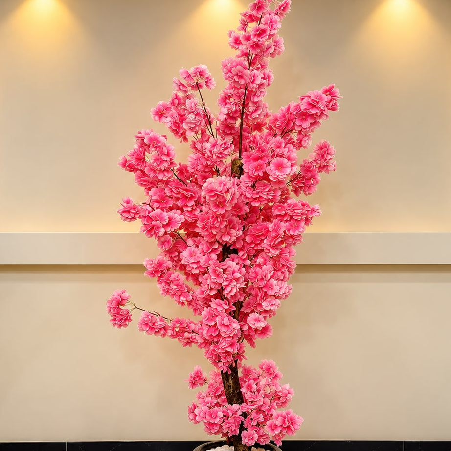 Artificial Pink Blossom Flowering Tree with Glossy Black Planter