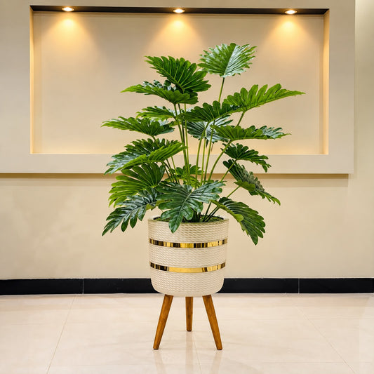 Artificial Philodendron Selloum Floor Plant with White &amp; Gold Planter
