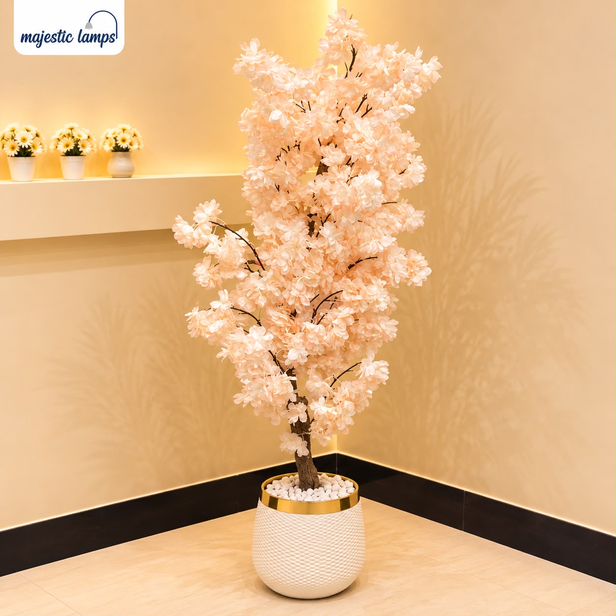 Artificial Peach Blossom Tree with White &amp; Gold Planter