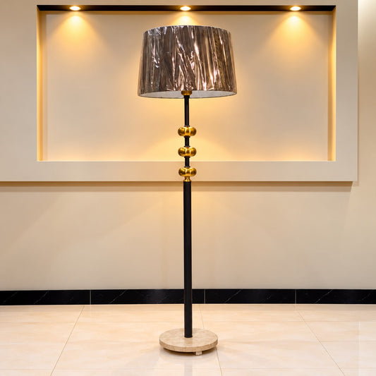 Modern Black &amp; Gold Standing Floor Lamp with Grey Fabric Shade