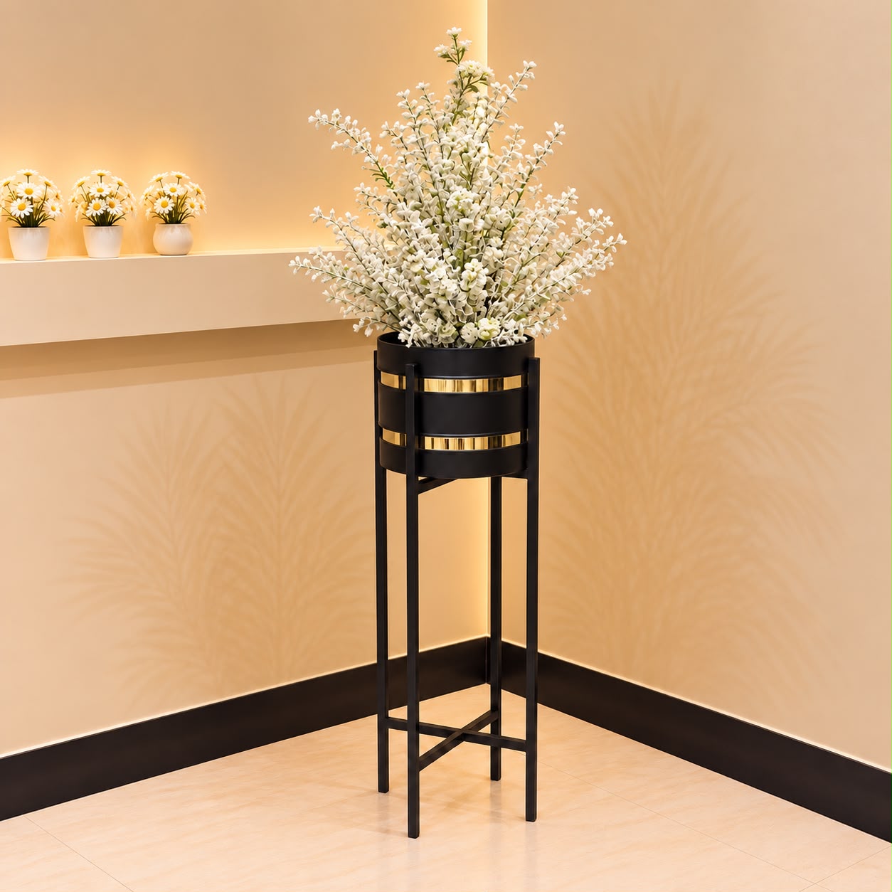 Artificial White Blossom Plant with Black &amp; Gold Metal Stand