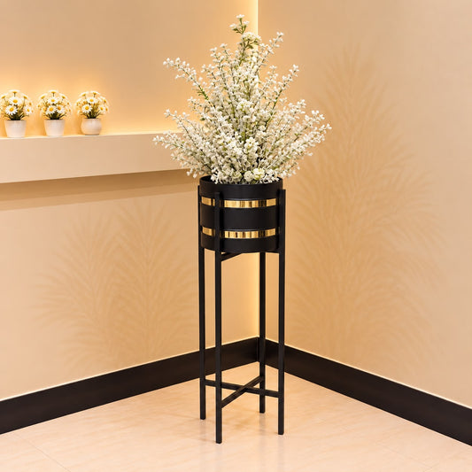 Artificial White Blossom Plant with Black &amp; Gold Metal Stand
