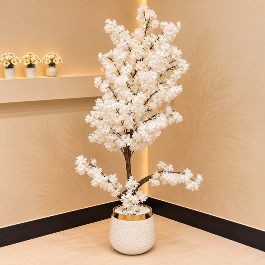 Artificial White Blossom Tree with Textured White Planter
