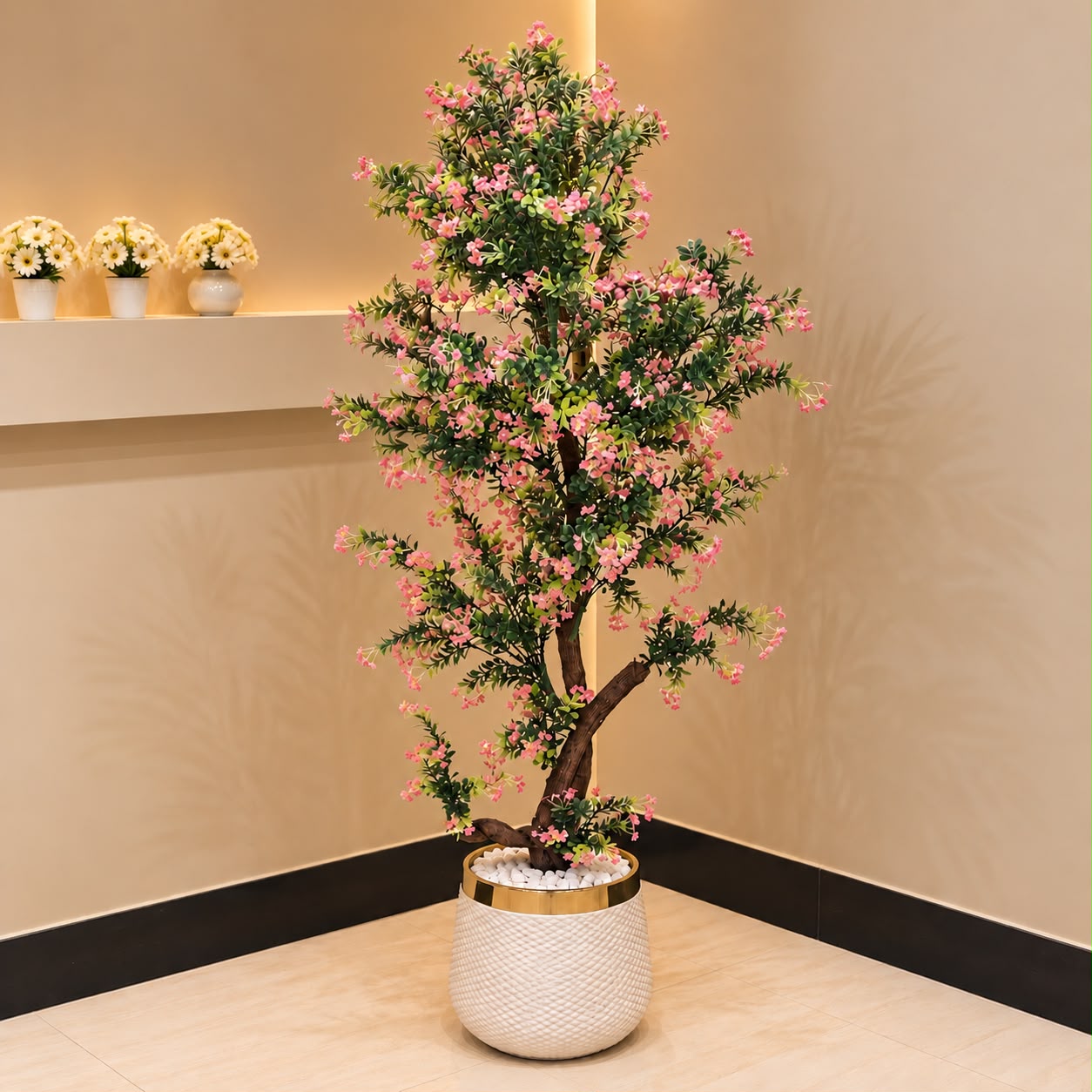 Artificial Pink Blossom Tree with White &amp; Gold Planter